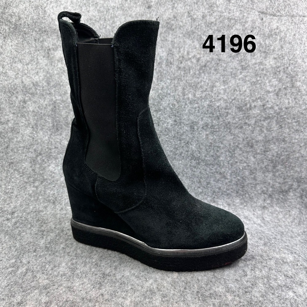 Black Suede Wedge Platform Mid Calf Chelsea Boots with Elastic Goring